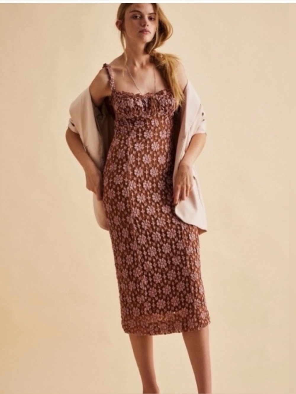 Free People Lucinda Lace Pink and Ginger Back Lace-Up Midi Dress NWT Sz M - Picture 2 of 12